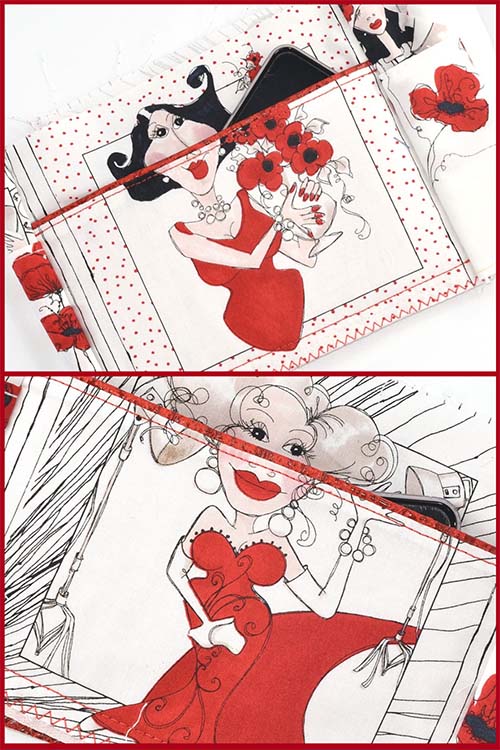 Influence coquelicot : Intérieur du sac bandoulière avec des pin-up habillées de robes rouges et des bouquets de coauelicots