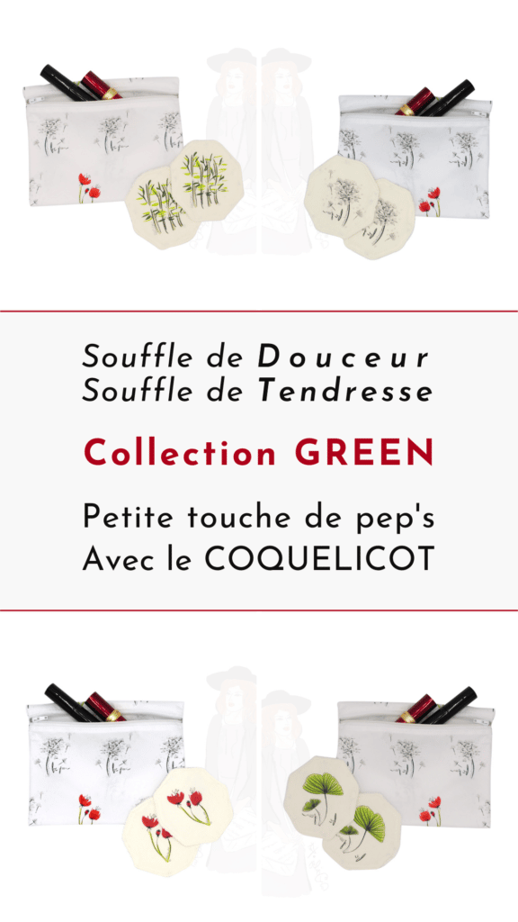 Les lingettes lavables et réustilsables de la collection Green (coquelicot, gingko, bambou et pisselit) avec leur pochette de rangement
