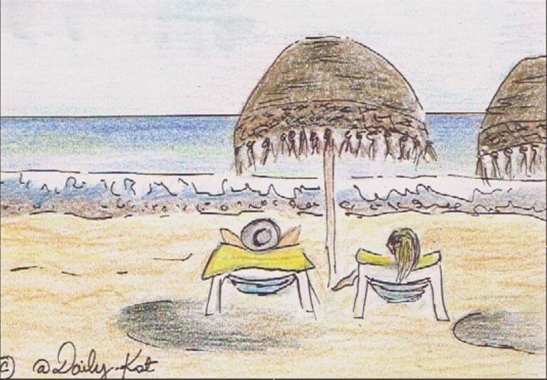 Illustration au pastel d'un couple de dos, qui bronze sous un parasol à la plage