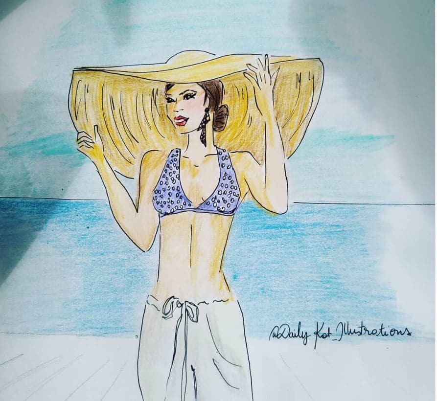 Femme au chapeau de paille sur la plage, illustration de mode, DailyKat