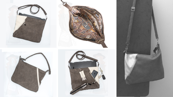 Sac ordinateur gris et Ivoire, suspendu a un rebord de meuble, ActiveLilie