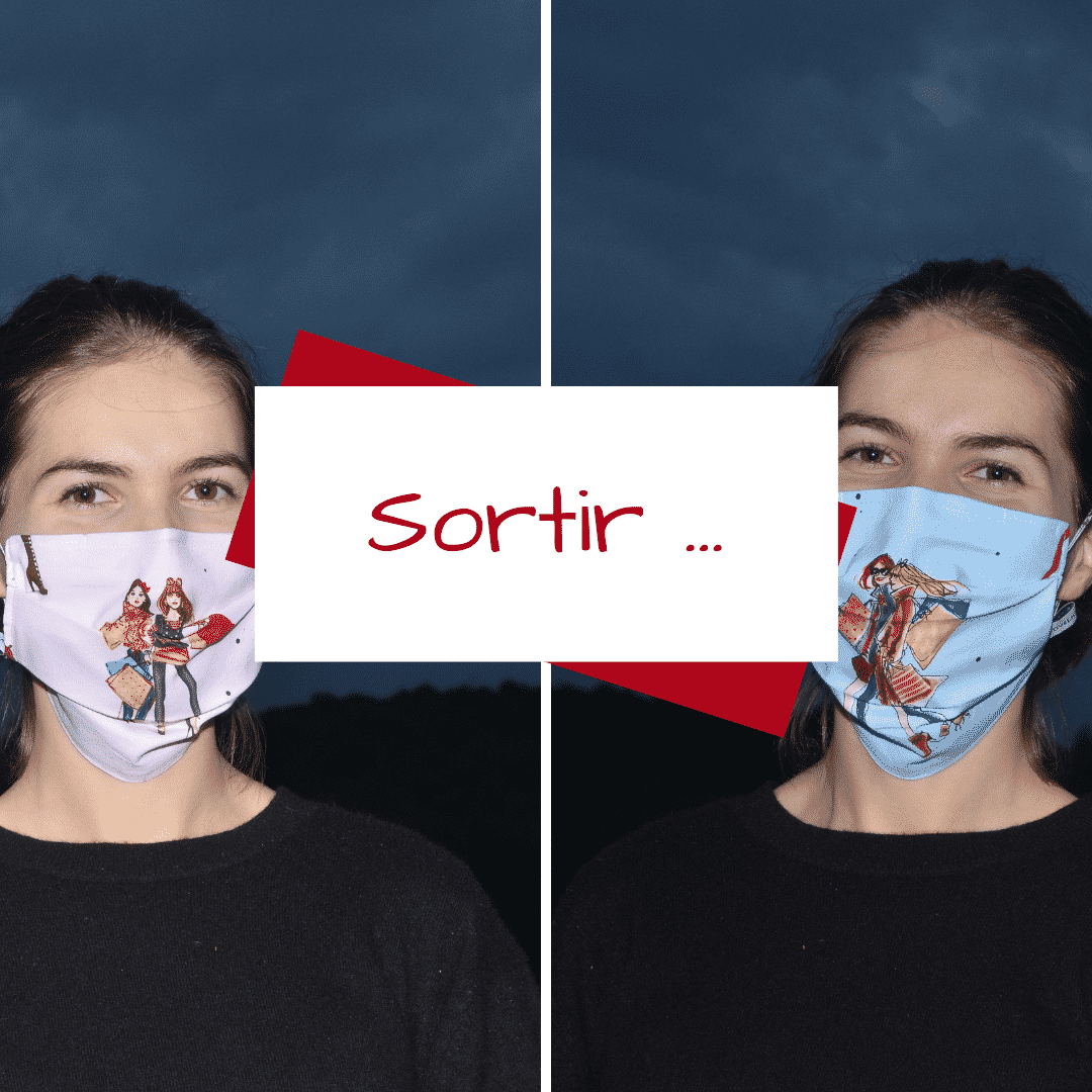 Billet de Lilie, Sortir, femme avec un masque en tissu rose, et femme avec un masque en tissu bleu