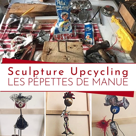 Sculpture upcycling, les pépettes de Manue entiérement facbriquées avec des objects de récupération