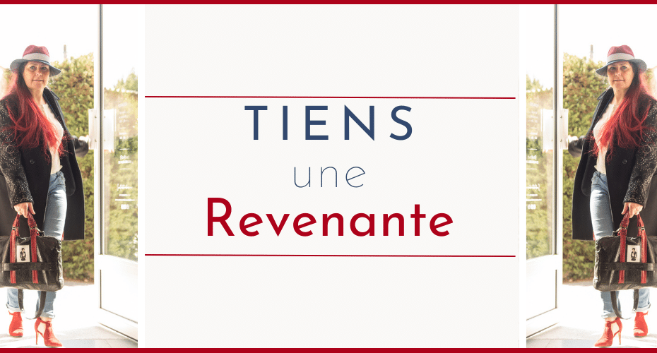 Visuel pour le billet de curiosité "Tiens une revenante", qui présente Lilie en Jean, manteau noir et talon rouge, ouvrant une porte vitrée. Elle porte son cartable ordinateur fétiche dans une main, l'autre tient la porte