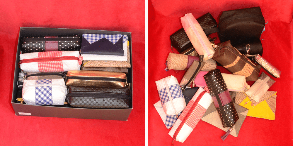 Tas de trousses à maquillage, d'un côté bien rangé dans une boite, de l'autre tout en vrac, sorties à côté de la boite.