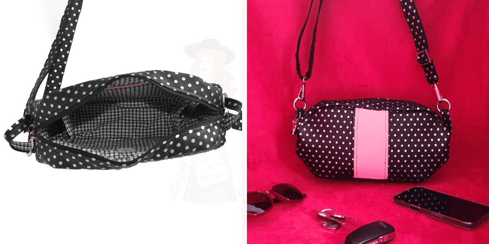 Sac à main à porter en bandoulière, noir avec des pois gris argentés et une grande rayure centrale rose, une vue de dessu ouvert sur l'intérieur en vichy noir et blanc Vue de coté.
